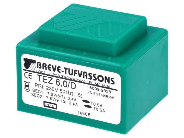Transformator: ingegoten; 6VA; 230VAC; 7,5V; 7,5V; 400mA; 400mA; PCB Transformator: ingegoten; 6VA; 230VAC; 7,5V; 7,5V; 400mA; 400mA; PCB